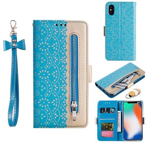 Luxury Lace Zipper Stitching Leather Phone Wallet Case for iPhone XS / iPhone X(5.8 inch) - Blue