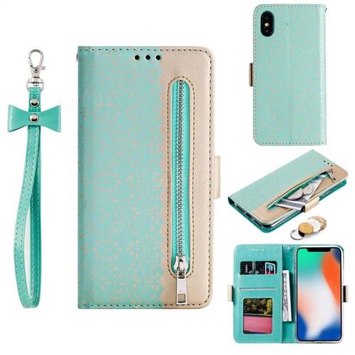 Luxury Lace Zipper Stitching Leather Phone Wallet Case for iPhone XS / iPhone X(5.8 inch) - Green