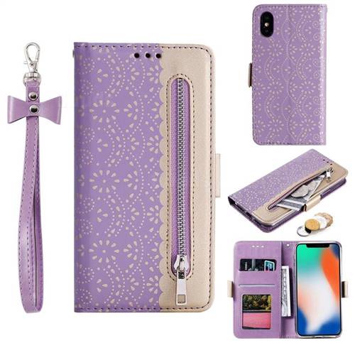 Luxury Lace Zipper Stitching Leather Phone Wallet Case for iPhone XS / iPhone X(5.8 inch) - Purple