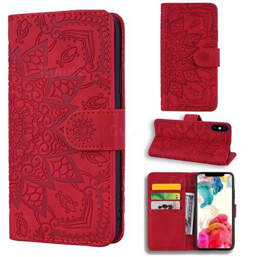 Retro Embossing Mandala Flower Leather Wallet Case for iPhone XS / iPhone X(5.8 inch) - Red