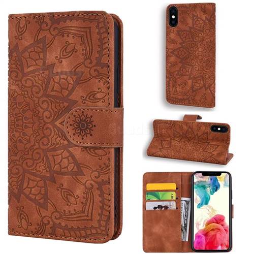 Retro Embossing Mandala Flower Leather Wallet Case for iPhone XS / iPhone X(5.8 inch) - Brown
