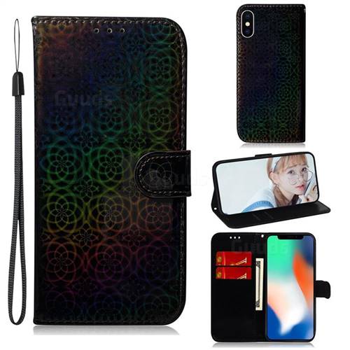 Laser Circle Shining Leather Wallet Phone Case for iPhone XS / iPhone X(5.8 inch) - Black