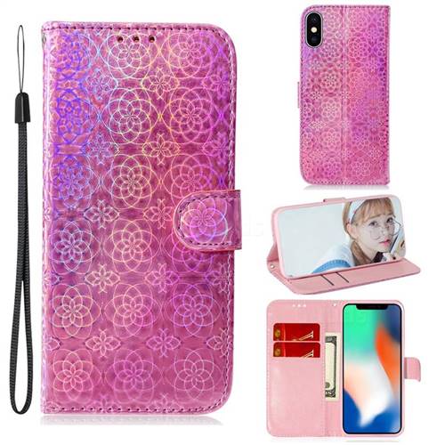 Laser Circle Shining Leather Wallet Phone Case for iPhone XS / iPhone X(5.8 inch) - Pink