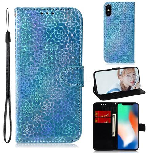 Laser Circle Shining Leather Wallet Phone Case for iPhone XS / iPhone X(5.8 inch) - Blue