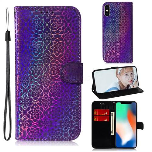 Laser Circle Shining Leather Wallet Phone Case for iPhone XS / iPhone X(5.8 inch) - Purple