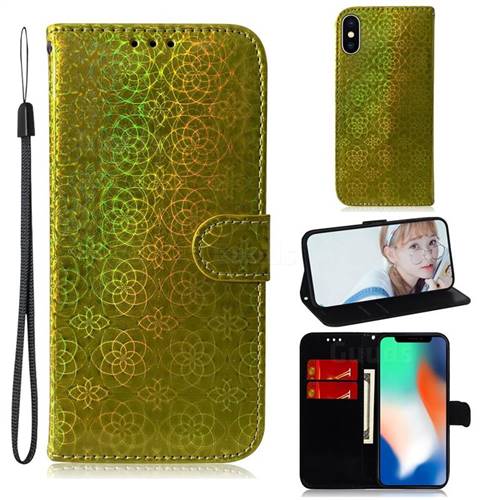 Laser Circle Shining Leather Wallet Phone Case for iPhone XS / iPhone X(5.8 inch) - Golden