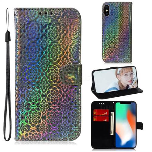 Laser Circle Shining Leather Wallet Phone Case for iPhone XS / iPhone X(5.8 inch) - Silver