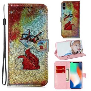 Glasses Fox Laser Shining Leather Wallet Phone Case for iPhone XS / iPhone X(5.8 inch)