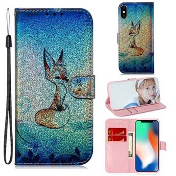 Cute Fox Laser Shining Leather Wallet Phone Case for iPhone XS / iPhone X(5.8 inch)