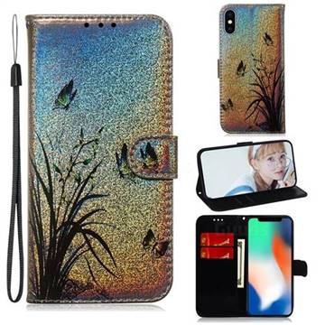 Butterfly Orchid Laser Shining Leather Wallet Phone Case for iPhone XS / iPhone X(5.8 inch)