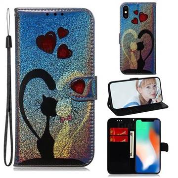 Love Cat Laser Shining Leather Wallet Phone Case for iPhone XS / iPhone X(5.8 inch)