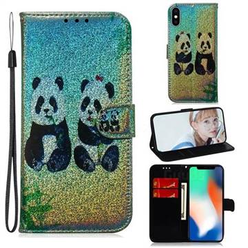 Two Pandas Laser Shining Leather Wallet Phone Case for iPhone XS / iPhone X(5.8 inch)