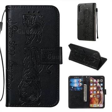 Embossing Tiger and Cat Leather Wallet Case for iPhone XS / iPhone X(5.8 inch) - Black