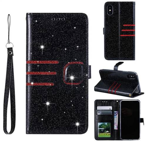 Retro Stitching Glitter Leather Wallet Phone Case for iPhone XS / iPhone X(5.8 inch) - Black