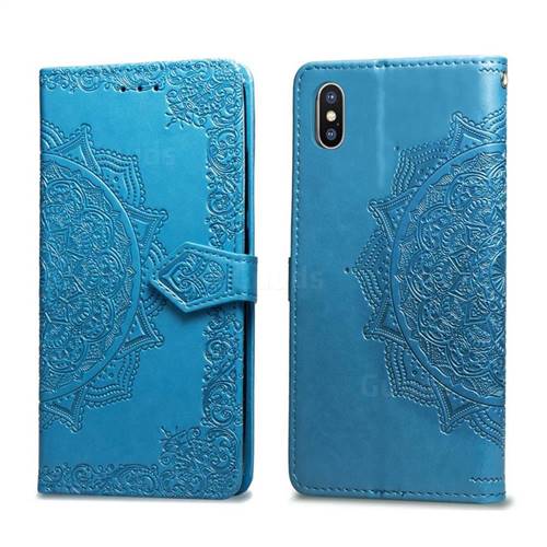 Embossing Imprint Mandala Flower Leather Wallet Case for iPhone XS / iPhone X(5.8 inch) - Blue