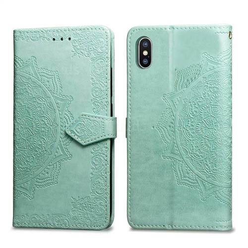 Embossing Imprint Mandala Flower Leather Wallet Case for iPhone XS / iPhone X(5.8 inch) - Green