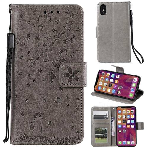 Embossing Cherry Blossom Cat Leather Wallet Case for iPhone XS / iPhone X(5.8 inch) - Gray