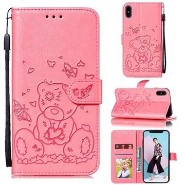 Embossing Butterfly Heart Bear Leather Wallet Case for iPhone XS / iPhone X(5.8 inch) - Pink