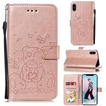 Embossing Butterfly Heart Bear Leather Wallet Case for iPhone XS / iPhone X(5.8 inch) - Rose Gold