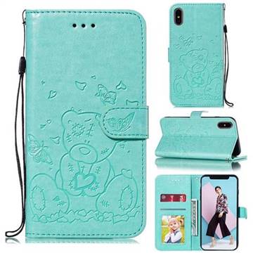 Embossing Butterfly Heart Bear Leather Wallet Case for iPhone XS / iPhone X(5.8 inch) - Green