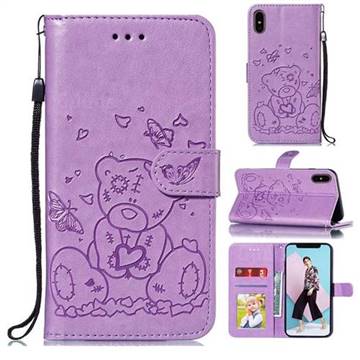 Embossing Butterfly Heart Bear Leather Wallet Case for iPhone XS / iPhone X(5.8 inch) - Purple