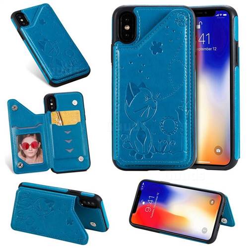 Luxury Bee and Cat Multifunction Magnetic Card Slots Stand Leather Back Cover for iPhone XS / iPhone X(5.8 inch) - Blue