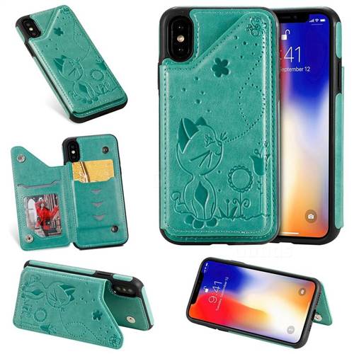 Luxury Bee and Cat Multifunction Magnetic Card Slots Stand Leather Back Cover for iPhone XS / iPhone X(5.8 inch) - Green