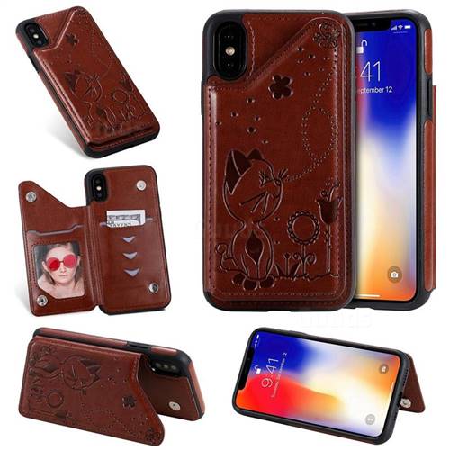 Luxury Bee and Cat Multifunction Magnetic Card Slots Stand Leather Back Cover for iPhone XS / iPhone X(5.8 inch) - Brown