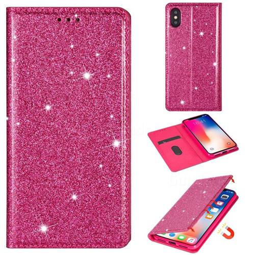 Ultra Slim Glitter Powder Magnetic Automatic Suction Leather Wallet Case for iPhone XS / iPhone X(5.8 inch) - Rose Red