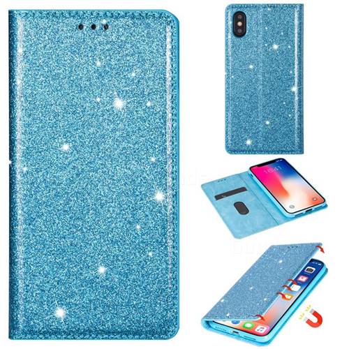Ultra Slim Glitter Powder Magnetic Automatic Suction Leather Wallet Case for iPhone XS / iPhone X(5.8 inch) - Blue