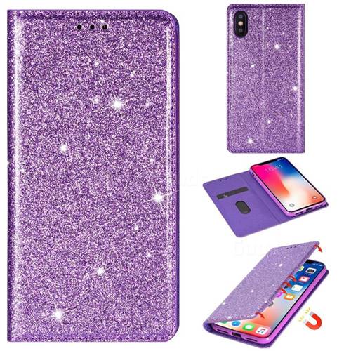 Ultra Slim Glitter Powder Magnetic Automatic Suction Leather Wallet Case for iPhone XS / iPhone X(5.8 inch) - Purple