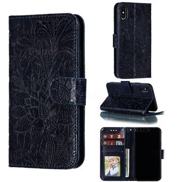 Intricate Embossing Lace Jasmine Flower Leather Wallet Case for iPhone XS / iPhone X(5.8 inch) - Dark Blue