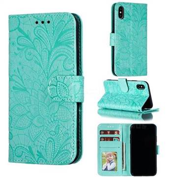Intricate Embossing Lace Jasmine Flower Leather Wallet Case for iPhone XS / iPhone X(5.8 inch) - Green