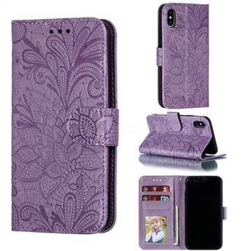 Intricate Embossing Lace Jasmine Flower Leather Wallet Case for iPhone XS / iPhone X(5.8 inch) - Purple