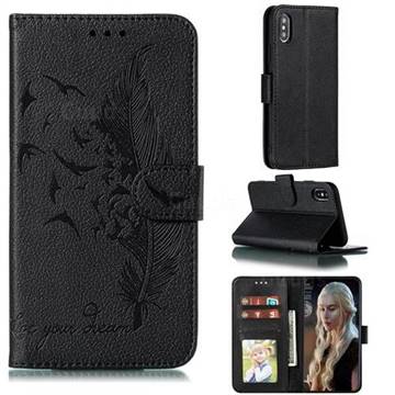 Intricate Embossing Lychee Feather Bird Leather Wallet Case for iPhone XS / iPhone X(5.8 inch) - Black