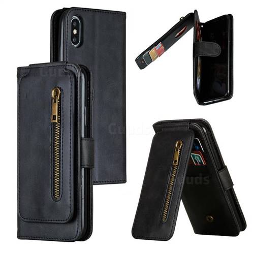 Multifunction 9 Cards Leather Zipper Wallet Phone Case for iPhone XS / iPhone X(5.8 inch) - Black