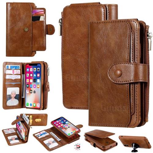Retro Multifunction Zipper Magnetic Separable Leather Phone Case Cover for iPhone XS / iPhone X(5.8 inch) - Brown