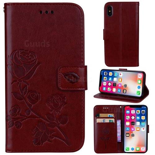 Embossing Rose Flower Leather Wallet Case for iPhone XS / iPhone X(5.8 inch) - Brown