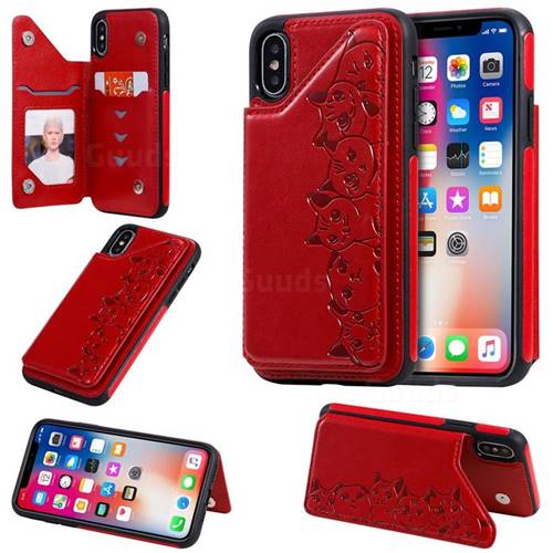 Yikatu Luxury Cute Cats Multifunction Magnetic Card Slots Stand Leather Back Cover for iPhone XS / iPhone X(5.8 inch) - Red