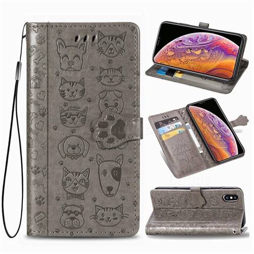 Embossing Dog Paw Kitten and Puppy Leather Wallet Case for iPhone XS / iPhone X(5.8 inch) - Gray