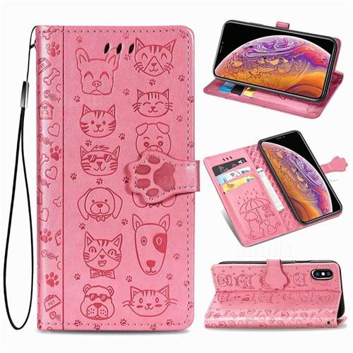 Embossing Dog Paw Kitten and Puppy Leather Wallet Case for iPhone XS / iPhone X(5.8 inch) - Pink