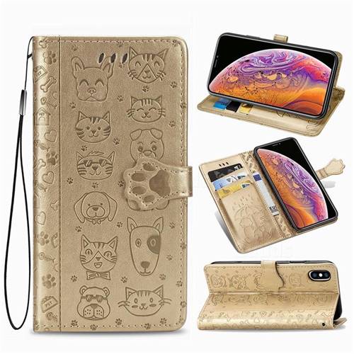 Embossing Dog Paw Kitten and Puppy Leather Wallet Case for iPhone XS / iPhone X(5.8 inch) - Champagne Gold