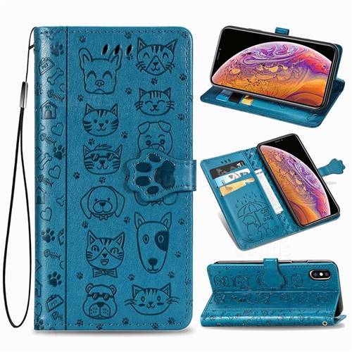 Embossing Dog Paw Kitten and Puppy Leather Wallet Case for iPhone XS / iPhone X(5.8 inch) - Blue