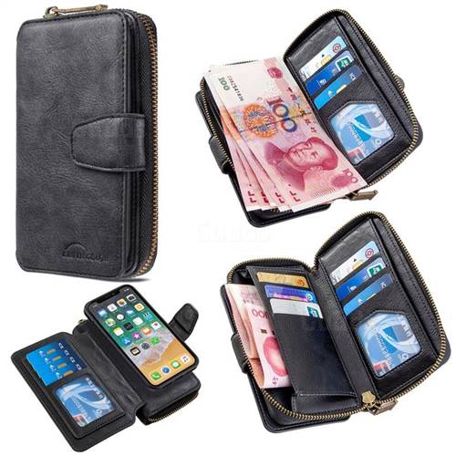 Binfen Color Retro Buckle Zipper Multifunction Leather Phone Wallet for iPhone XS / iPhone X(5.8 inch) - Black