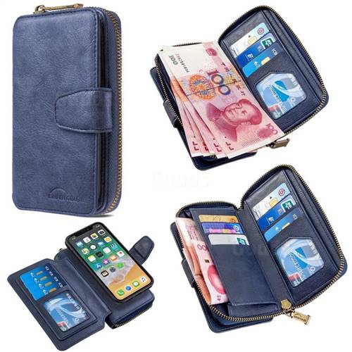 Binfen Color Retro Buckle Zipper Multifunction Leather Phone Wallet for iPhone XS / iPhone X(5.8 inch) - Blue