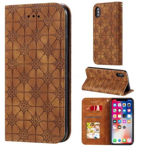 Intricate Embossing Four Leaf Clover Leather Wallet Case for iPhone XS / iPhone X(5.8 inch) - Yellowish Brown