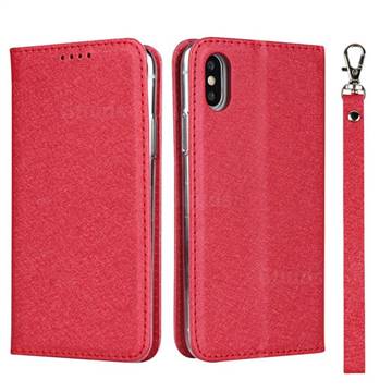 Ultra Slim Magnetic Automatic Suction Silk Lanyard Leather Flip Cover for iPhone XS / iPhone X(5.8 inch) - Red