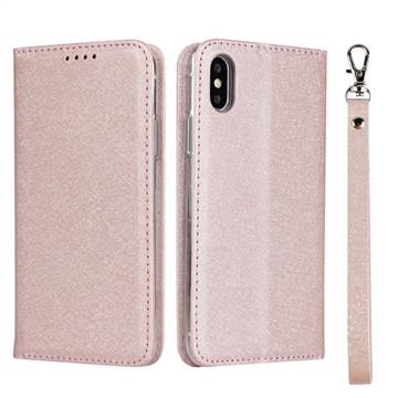 Ultra Slim Magnetic Automatic Suction Silk Lanyard Leather Flip Cover for iPhone XS / iPhone X(5.8 inch) - Rose Gold