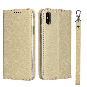 Ultra Slim Magnetic Automatic Suction Silk Lanyard Leather Flip Cover for iPhone XS / iPhone X(5.8 inch) - Golden