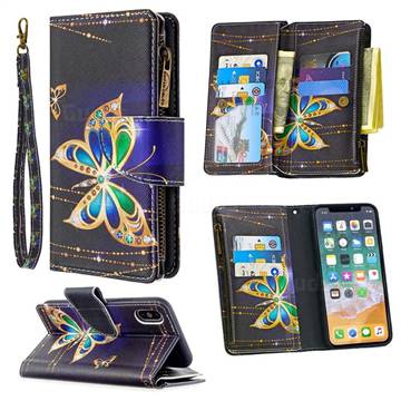 Golden Shining Butterfly Binfen Color BF03 Retro Zipper Leather Wallet Phone Case for iPhone XS / iPhone X(5.8 inch)